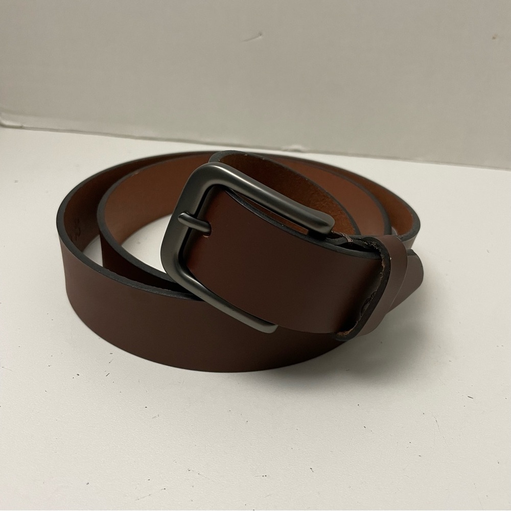 Timberland Belt Leather Classic Smooth Brown Silver Logo Mens 42